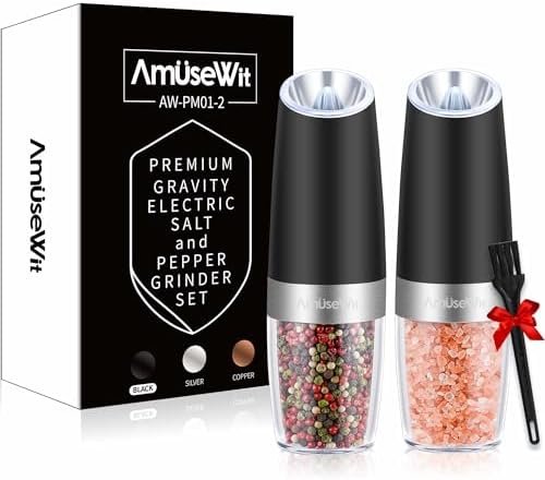 AmuseWit Gravity Electric Salt and Pepper Grinder Set of 2 [White Light] Battery