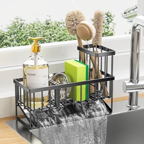 Cisily Kitchen Sink Caddy Organzier with High Brush Holder, Sponge Holder
