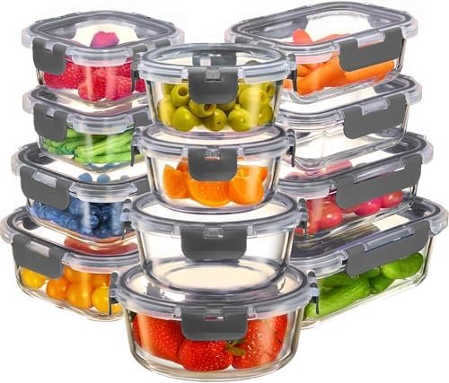 FineDine 24 Piece Glass Storage Containers with Lids - Airtight, Leak Proof