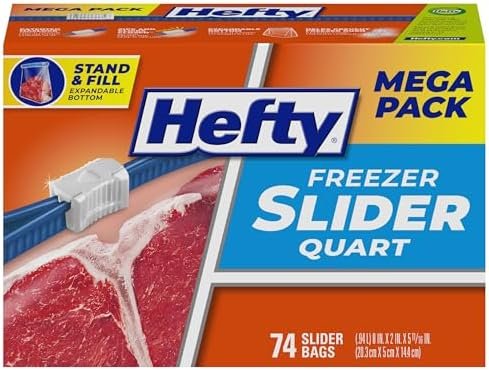 Hefty Slider Freezer Kitchen Storage Bags, Quart Size, 74 Count