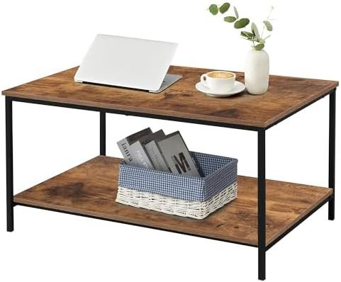 SENIG Small Brown Rectangle Wood and Metal Coffee Table with Storage Shelf