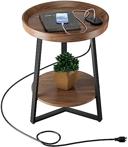 Gadroad Round End Table with Charging Station, USB Ports, Wood Tabletop & Black