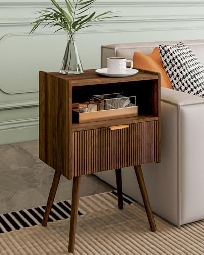 Nightstand,Modern Bedside Table with Storage Drawer and Open Wood Shelf, Accent