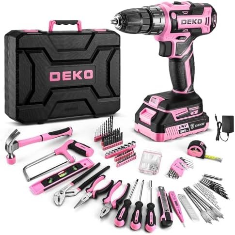 DEKOPRO Pink Drill Tool Kit Set: 20V Cordless Power Drill Tool Box with Battery