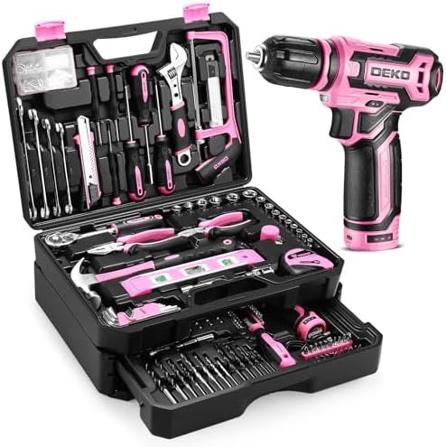 Pink Tool Kit Box Drill Set：DEKOPRO Home Mechanic Toolbox with 12V Power