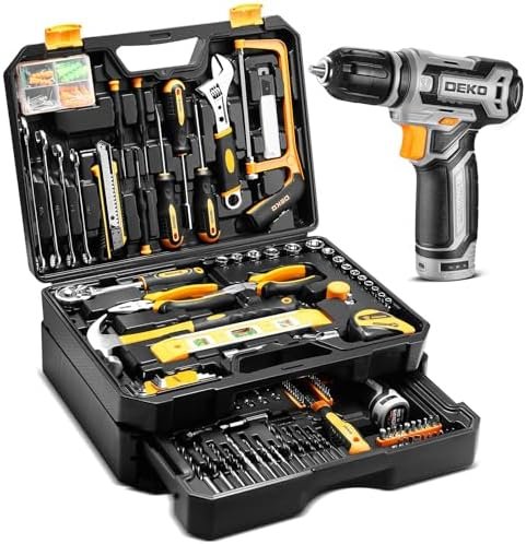 Tool Kit Box Drill Set：DEKOPRO Home Mechanic Toolbox with 12V Power Cordless