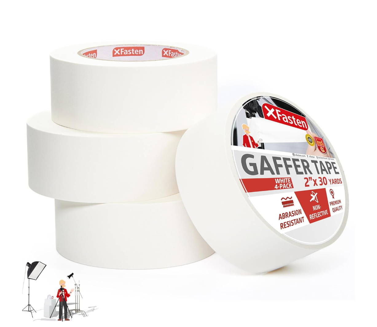 XFasten White Gaffers Tape 2 Inch x 30 Yards, Residue-Free Strong Adhesion (4-Pack 360-feet Total) Non-Reflective Cloth Matte White Tape for Walls, Cords, Bookbinding, Console, Photography