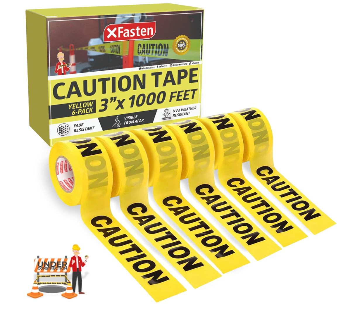 XFasten Yellow Caution Tape Roll Bulk, 3 in x 1000 ft (6-Pack), Thick and Durable Yellow Safety Tape for Barricades, Construction, Warning, and Hazard Areas – Easy to Loop, Weatherproof, Non-Fading